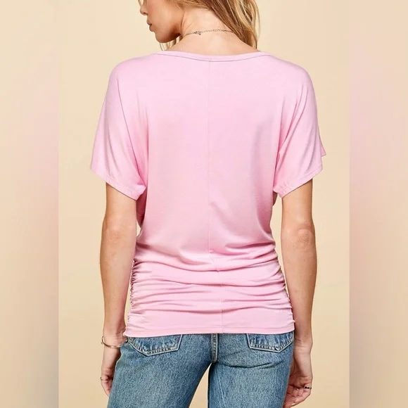 Casual Solid Short Sleeve Boat Neck Dolman Top with Side Shirring -pink - Picture 4 of 5